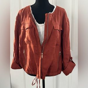DKNYC Linen Safari Jacket, cropped in Rust, drawstring waist & front pockets, XL